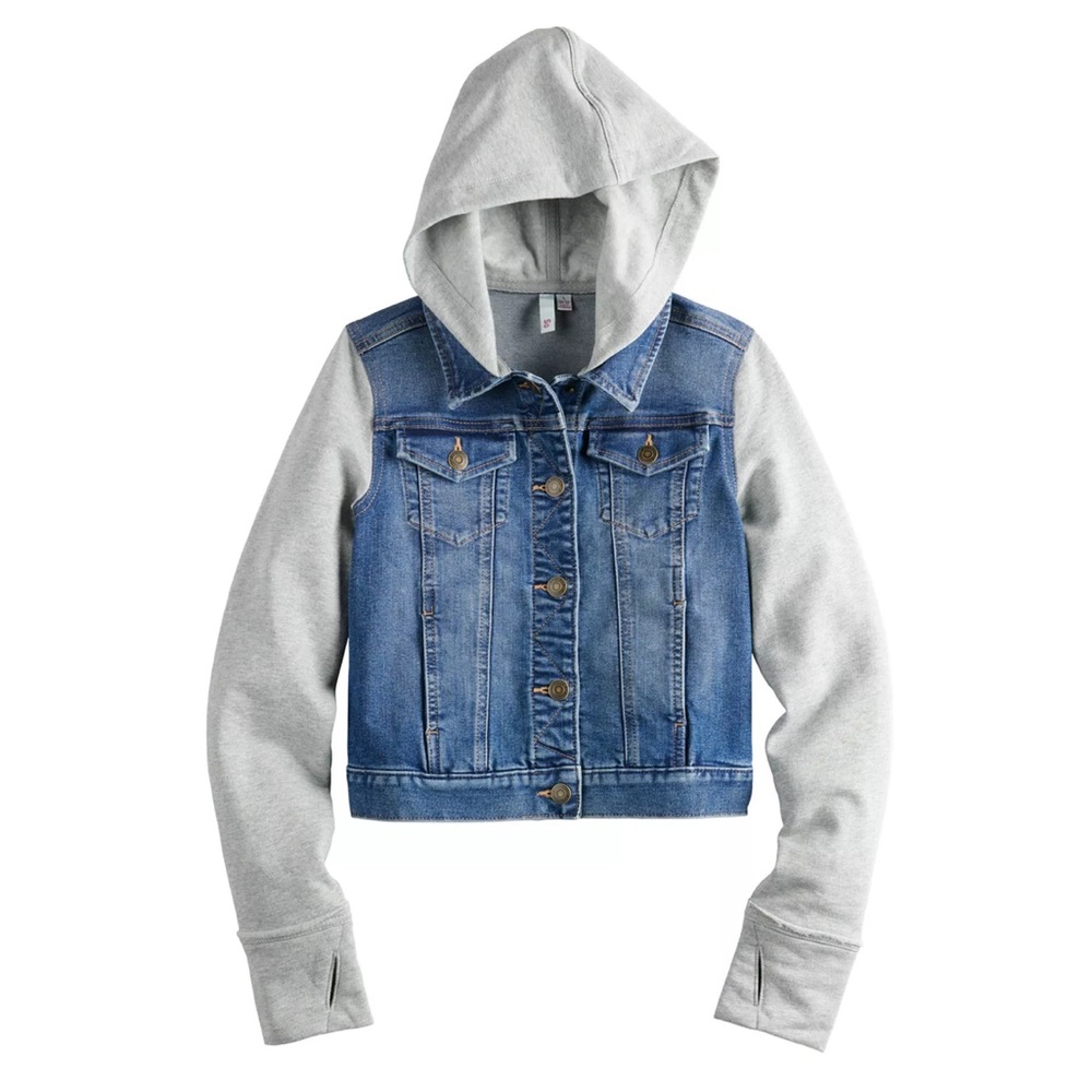Denim Jean Jacket with Sweatshirt Sleeves and Hood